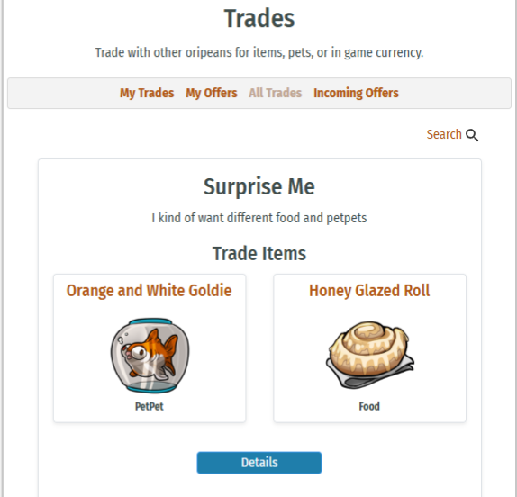 Trades menu with options to view trades and offer and search trades.